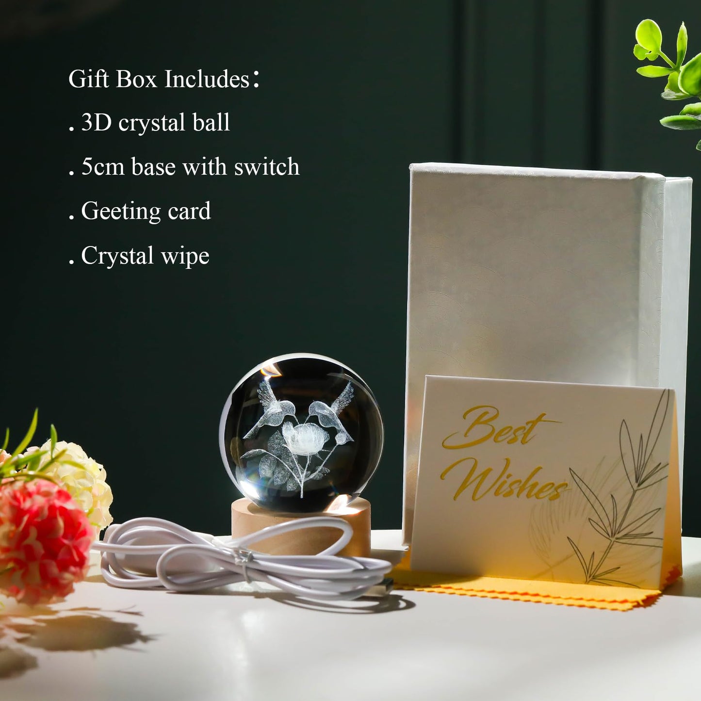 Arikyrist 3D Crystal Hummingbird Figurines Decorative Balls Night Light, Crystal Humming Birds Figurines Gifts for Bird Lovers, 3D Laser Engraved Glass Sphere Decor for Home Office.