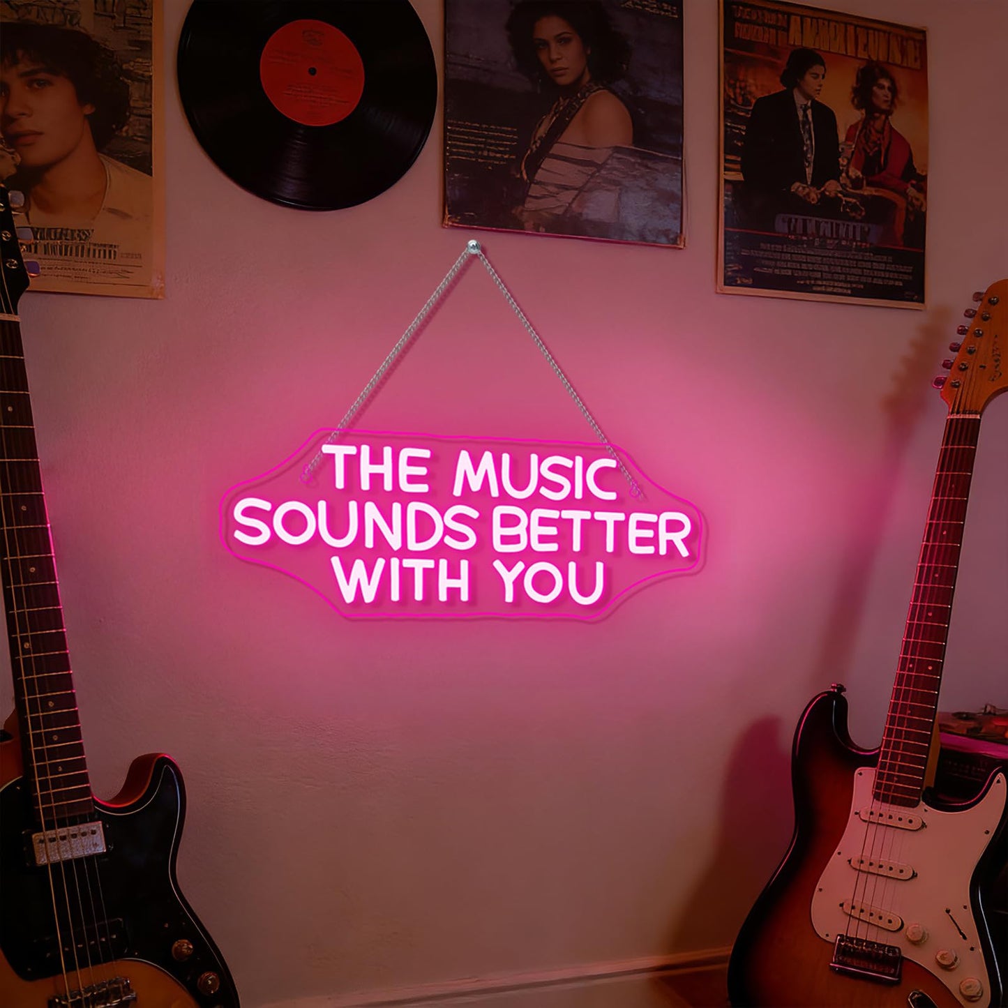 NOSUN The Music Sounds Better with You Neon Sign Romance Neon Signs for Wall Decor Led Neon Sign Aesthetic Room Decor for Teen Girls Neon Lights Signs for Bedroom Salon Party Pink Light