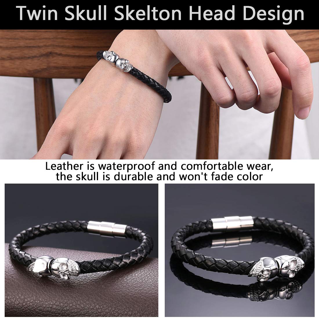 U7 Personalized Skull Bracelets Men Biker Surfer Bracelet Bangle with Stainless Steel Clasp, Braided Black Leather Gothic Twin Skeleton Cuff Bracelet (8.3")