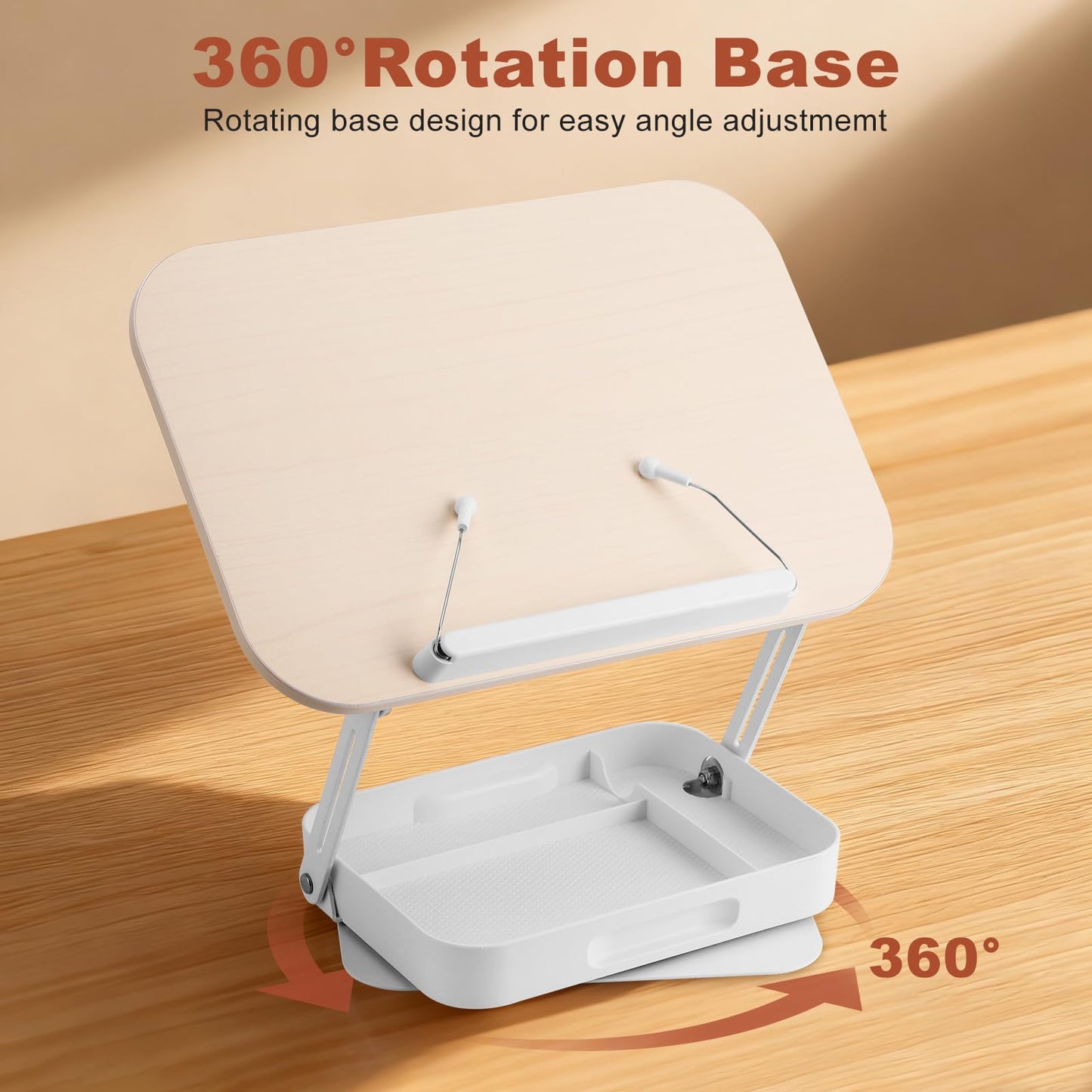 Book Stand for Reading Hands Free, 360° Rotating & Foldable Book Holder Stand for Desk with Storage Box, Carbon Steel Cookbook Recipe Book Holder for Kitchen, Office, Bible Study (White)