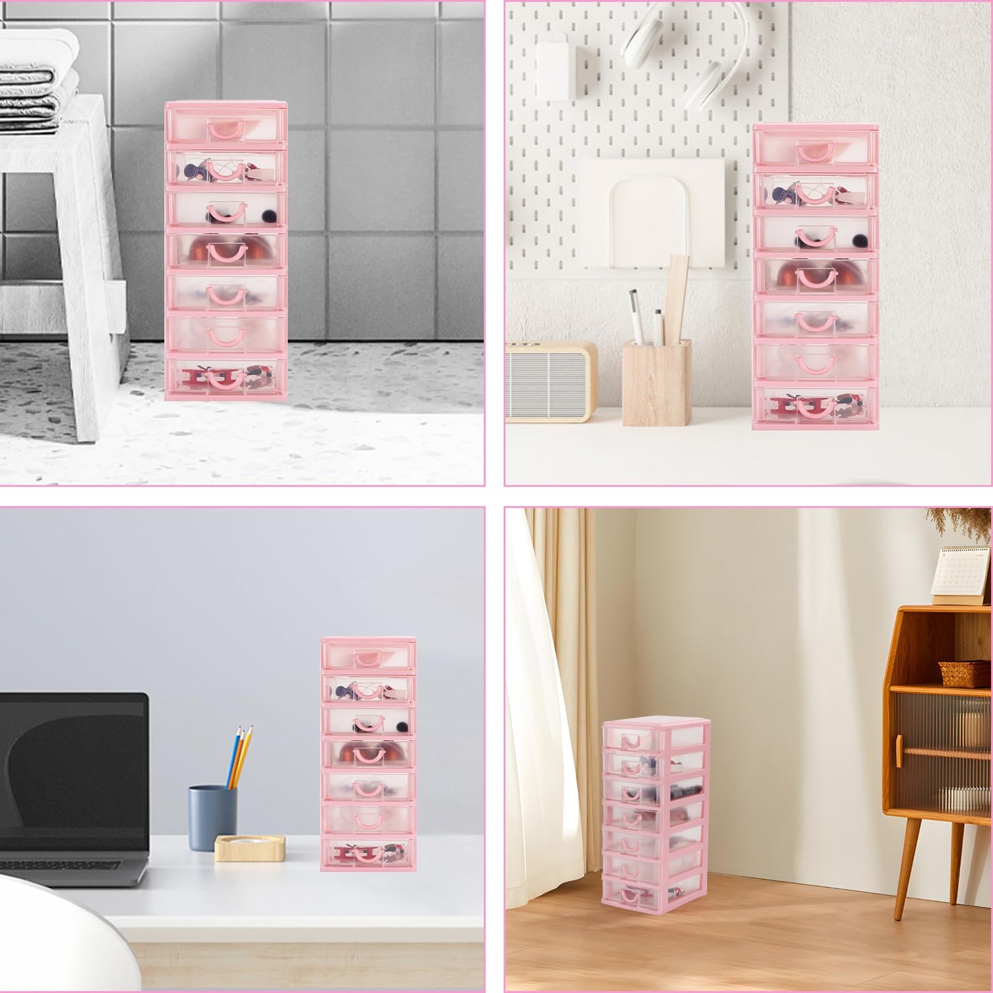 Rempry Mini Plastic Organizer with 7 Clear Drawers, 7.1"x5.1"x13.2" Small Storage Drawers Containers for Desk, Counters, Cabinets, Pink