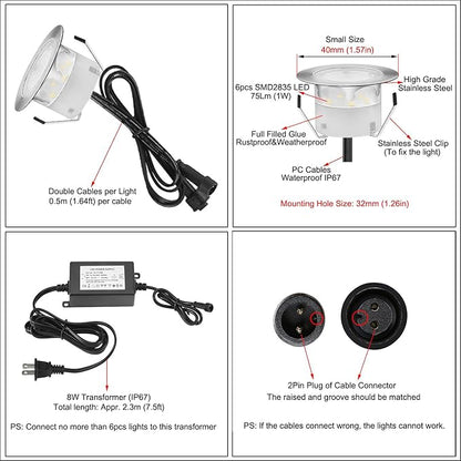 Low Voltage LED Deck Lighting Kit Stainless Steel 1W Waterproof Outdoor Yard Garden Decoration Lamps Landscape Pathway Patio Step Stairs Warm White LED In-ground Lights, 6pack