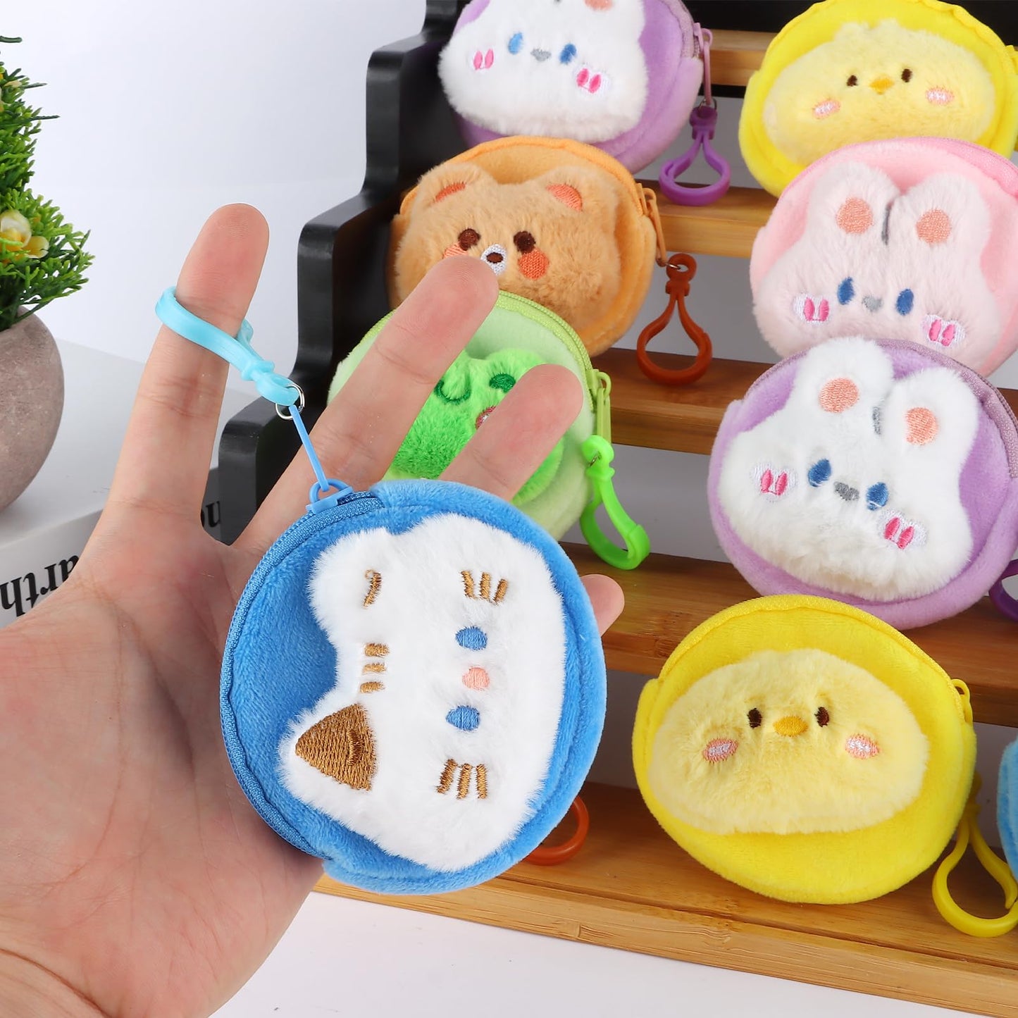 24 Pcs Cute Coin Purse for Women, Kawaii Plush Coin Pouch, Mini Wallet with Zipper Keychain, Small Change Purse for Women on Back to School Halloween Christmas Exchange Gifts
