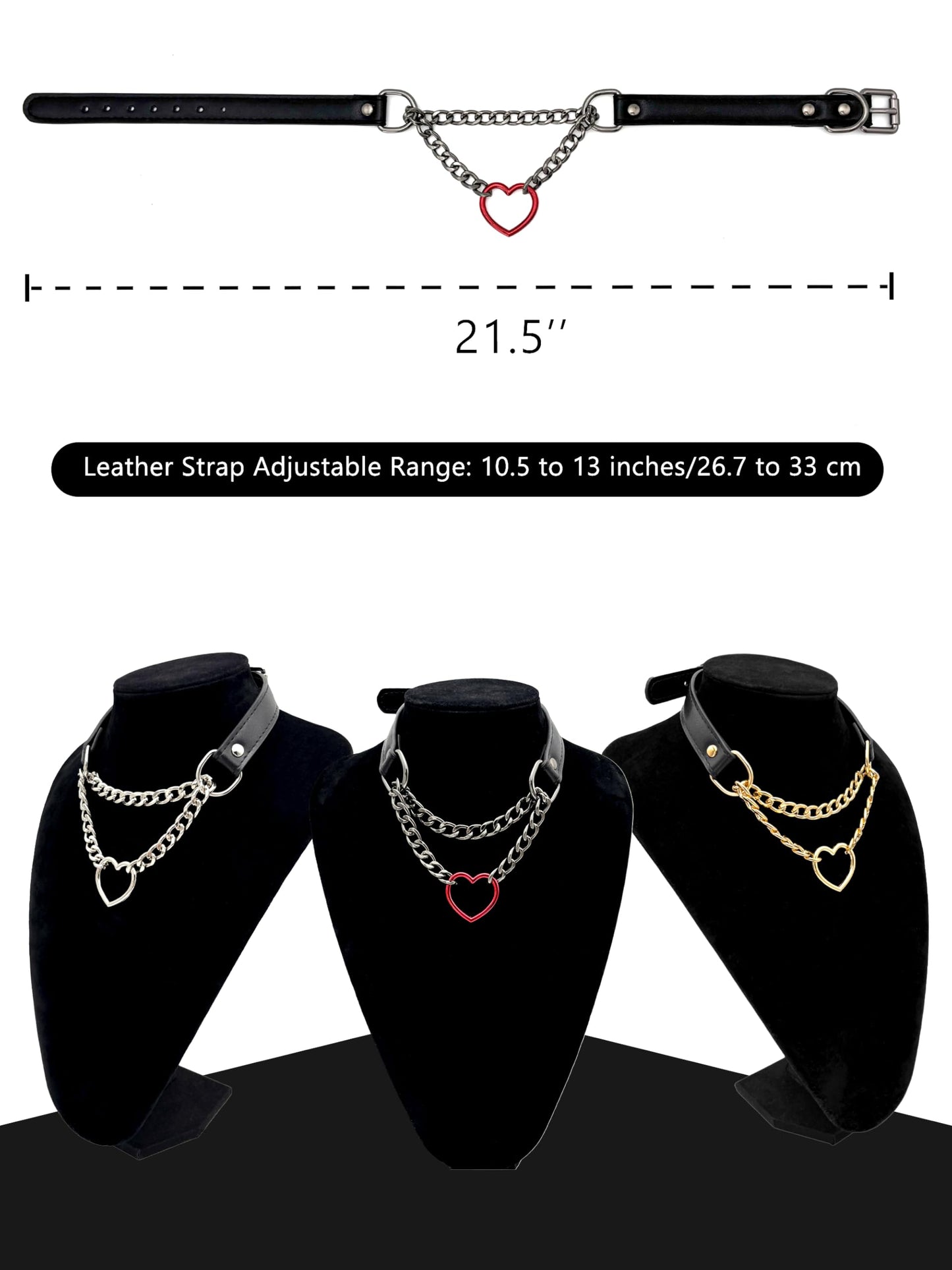 EverGlimp Heart O-Ring Slip Chain Choker Collar Necklace for Women, Adjustable Vegan Leather Punk Necklace with Swivel Clasp & Heart Charm