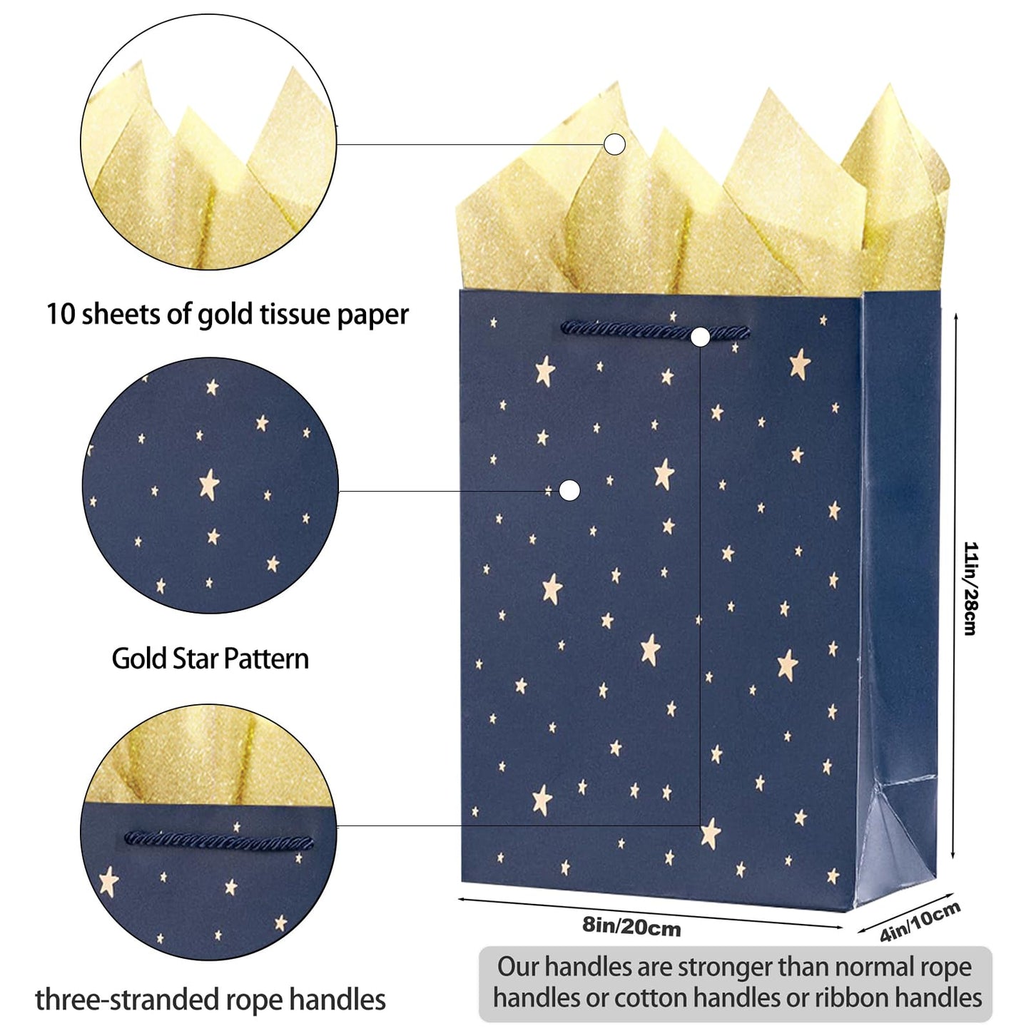SHIPKEY Gift Bags, 10 Pack Navy Blue with Gold Foil Stars, Kraft Paper Bags with Handles, Bulk for Men, Groomsmen, Christmas Gifts, 8x4x11inch, Includes Tissue Paper
