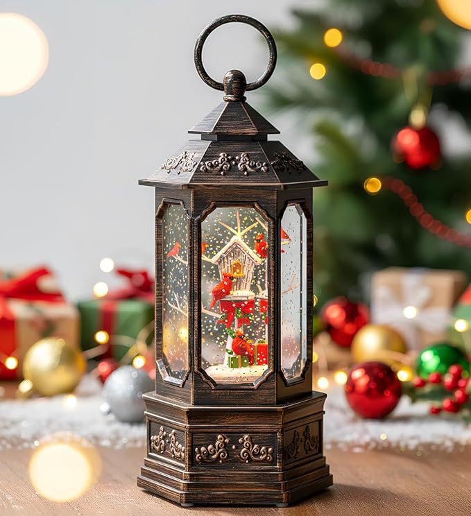 Christmas Snow Globe Lantern Water Glittering 11.6'' Cardinal & Birdhouse with Music & Timer, USB Lined/Battery Operated Lighted Lantern for Christmas Festival Decoration Gifts