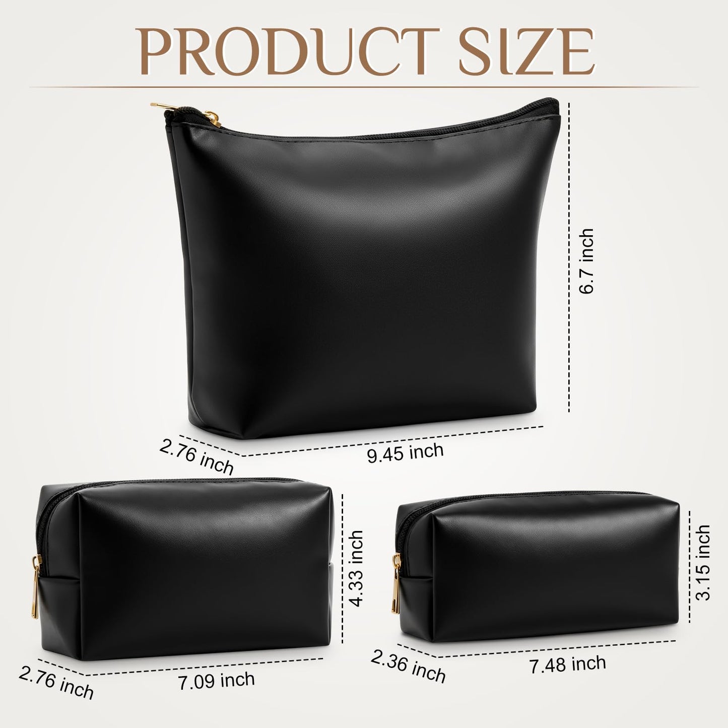 Kigeli 3 Piece Leather Makeup Bag Set Graduation Women Gifts PU Leather Makeup Toiletry Bag Bridesmaid Cosmetic Pouch Small Aesthetic Travel Purse for Wedding Birthday Women Gifts(Black)