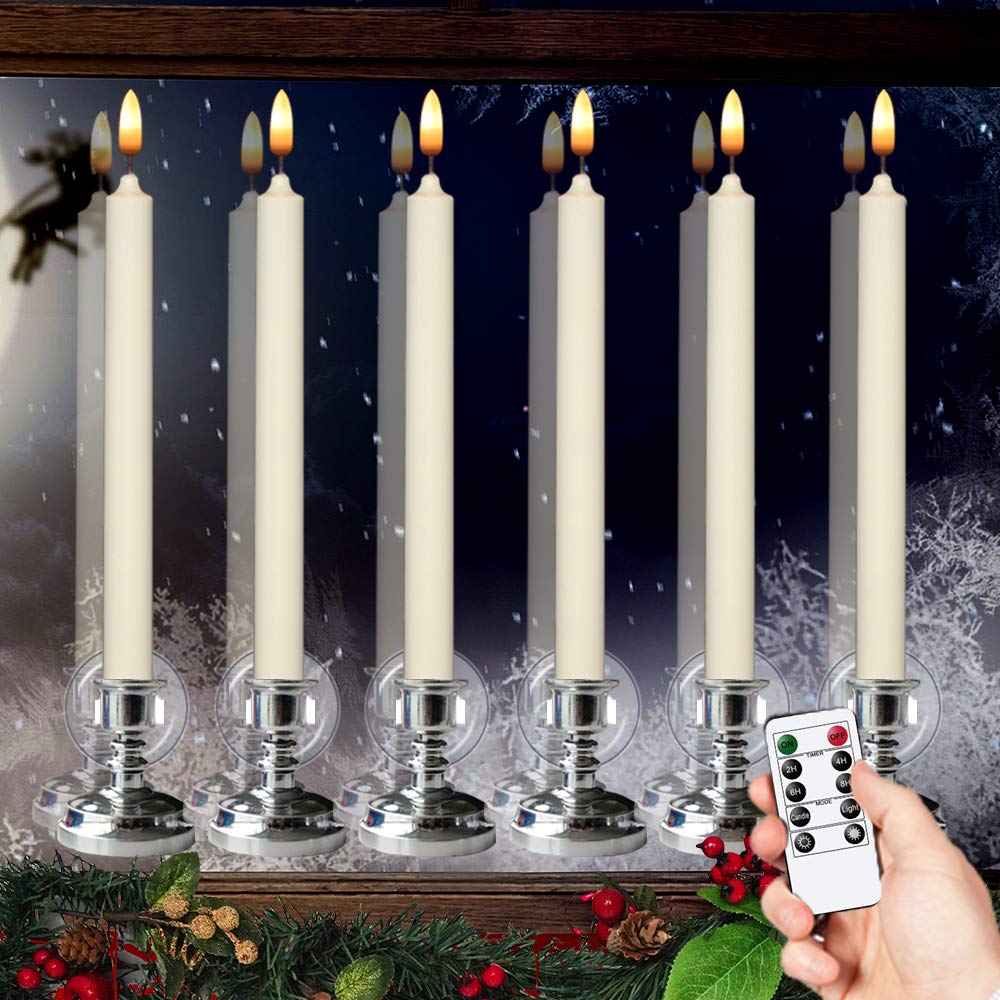 Wondise Flameless Window Candles with Remote & Timer, 10" Battery Operated 3D Wick LED Flickering Taper Candle for Christmas Decorations, Removable Silver Holder and Suction Cups Included(6 Pack)