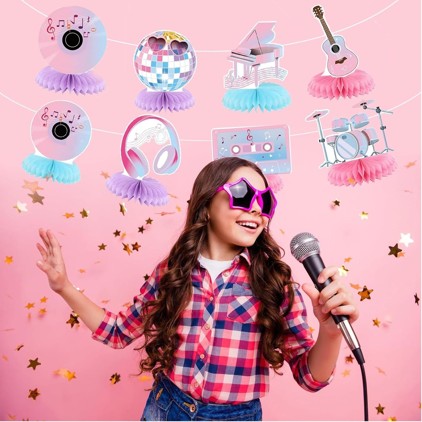 Popular Birthday Party Decorations Music Party Honeycomb Centerpieces Guitar Themed Decorations for Girls Birthday Fans Celebration Supplies
