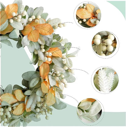 Idyllic Spring Wreath 20 Inches, Summer Wreath with Lambs Ear Leaves and Berries for Front Door Outside Farmhouse All Seasons Decoration Outdoor Fall Wreaths for Front Door
