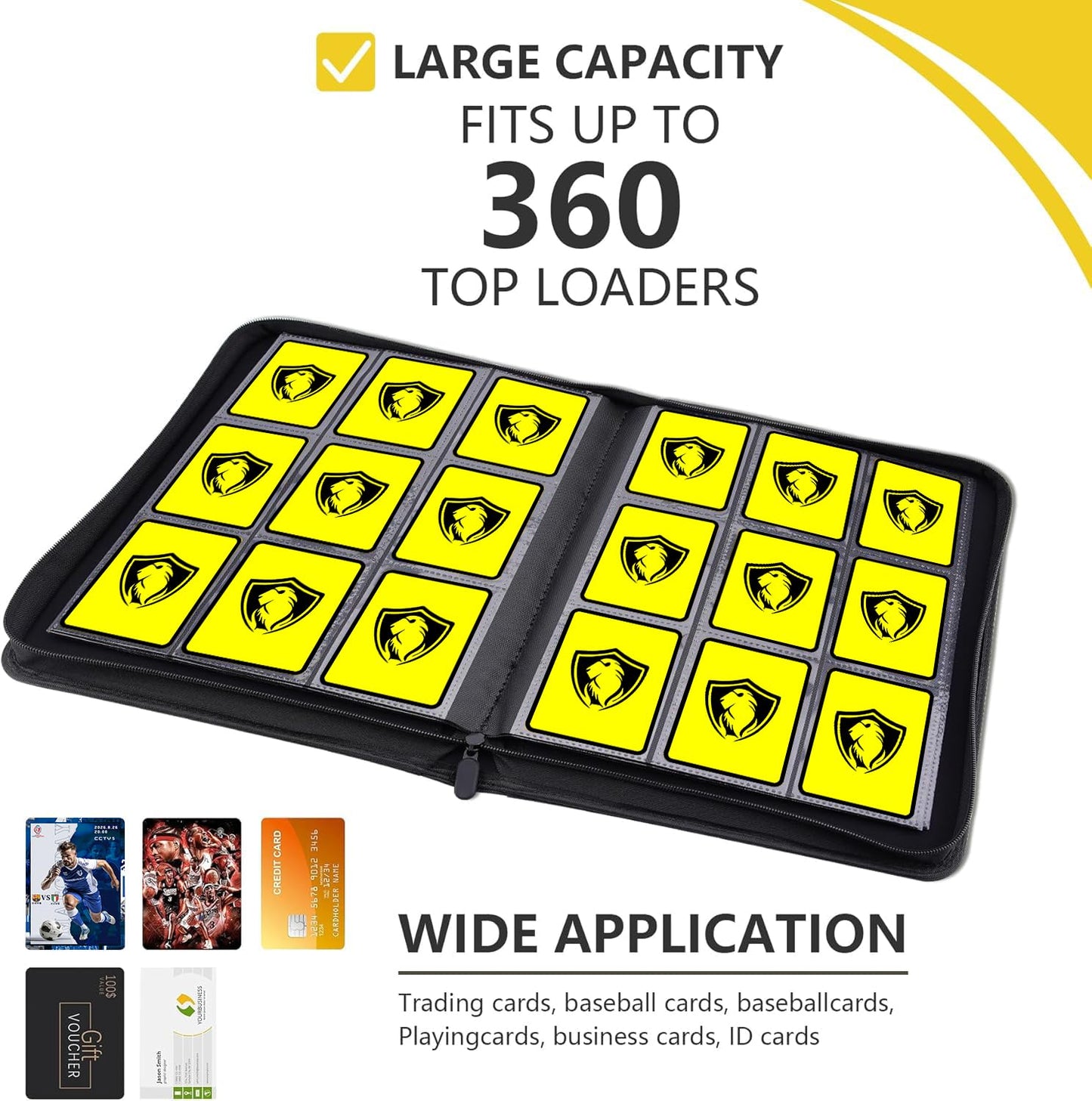 Trading Card Binder 9 Pocket, 360 Pockets Trading Card Holder Book, Premium PU Cover Zip Folder Binder, Side Loading Carrying Case Binder Album for TCG, MTG,Sports Cards, Game Cards (Black)
