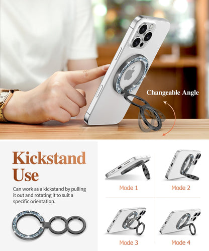 GVIEWIN Magnetic Phone Ring Holder, Compatible with MagSafe Phone Grip with Adjustable Stand, Magnet Phone Ring Kickstand for iPhone 17/16/15/14/13/12 Pro Max Plus Air/Other Phones (Glitter/Silver)