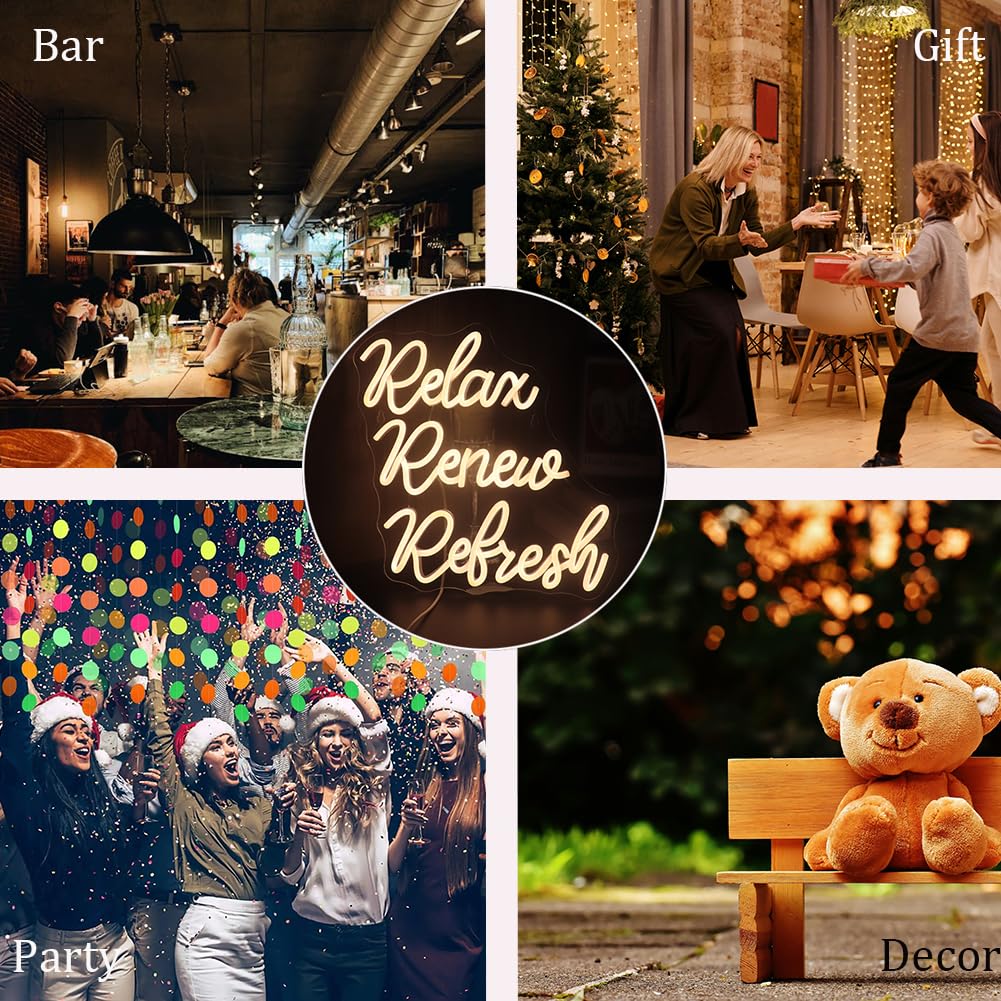 Relax Renew Refresh Neon Sign Led Dimmable Neon Lights for Bar Room Home Art Wall Decor Party Window Living Room Decor Christmas' Birthday Gift (Warm white)