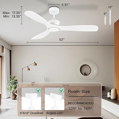 52” Wood Smart Ceiling Fans with Lights Remote,Quiet DC Motor,Outdoor Indoor Ceiling Fan,Voice Control via WIFI Alexa App,Dimmable,Modern White Lighting& Ceiling Fan for Bedroom Patio Porch