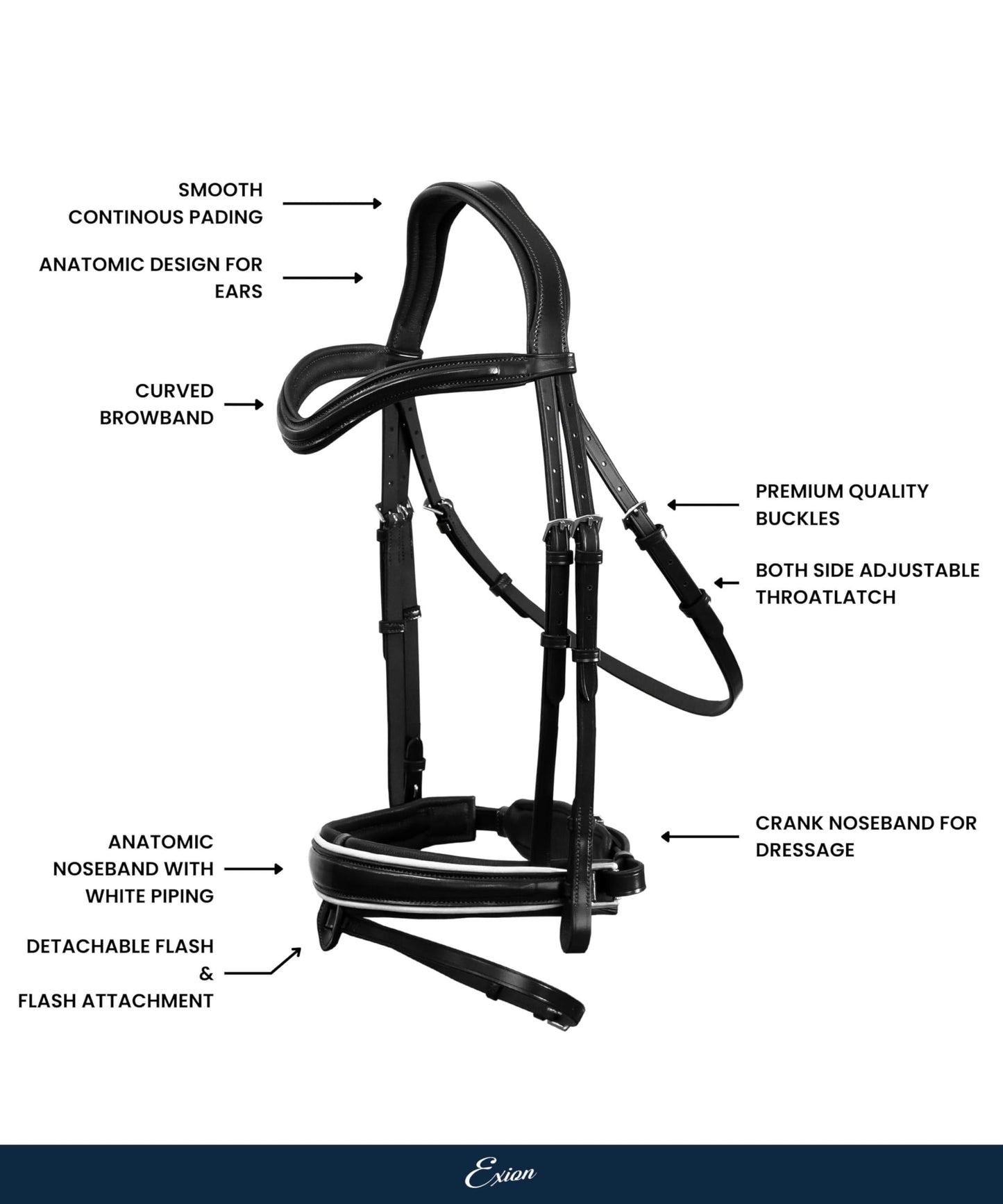 Exion Dressage Bridle for Horse with White Piping – Premium Padded Leather English Bridle with Detachable Flash & Web Reins – Black, Brown – Cob, Full, Pony, Warmblood
