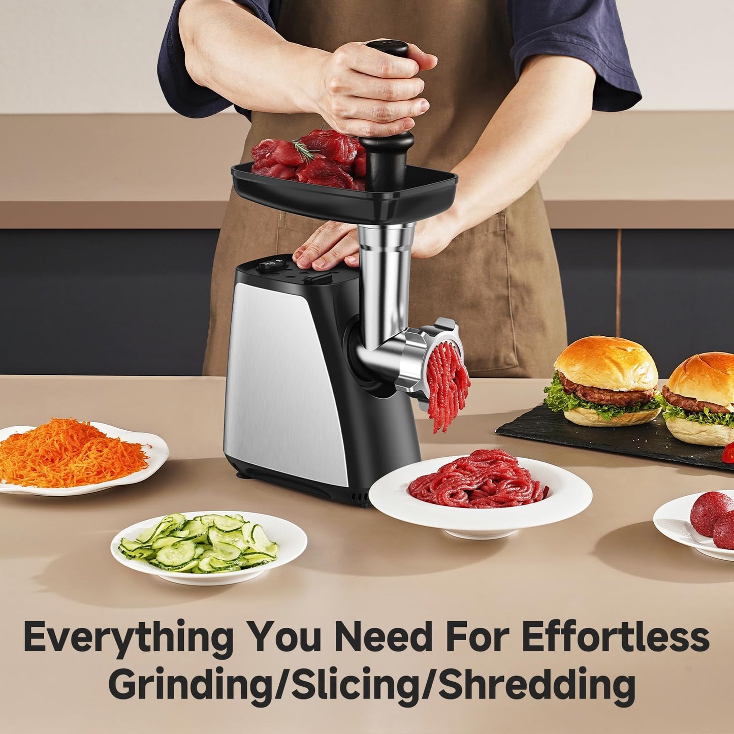 AAOBOSI Meat Grinder, 4-In-1 Meat Grinder Electric [2800W Max] with 3 Slice, Shred Blades,2 Blades,3 Plates,Sausage Stuffer,Kubbe Kit, for Home Kitchen Use, Stainless Steel