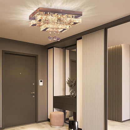 CXGLEAMING 11.8" Modern Crystal Chandelier LED Ceiling Light Fixture Suitable for Kitchen Corridor Hallway Bedroom Bathroom Dining Room 4 Petals/Raindrop Ball Square Wall Switch （Warm Light）