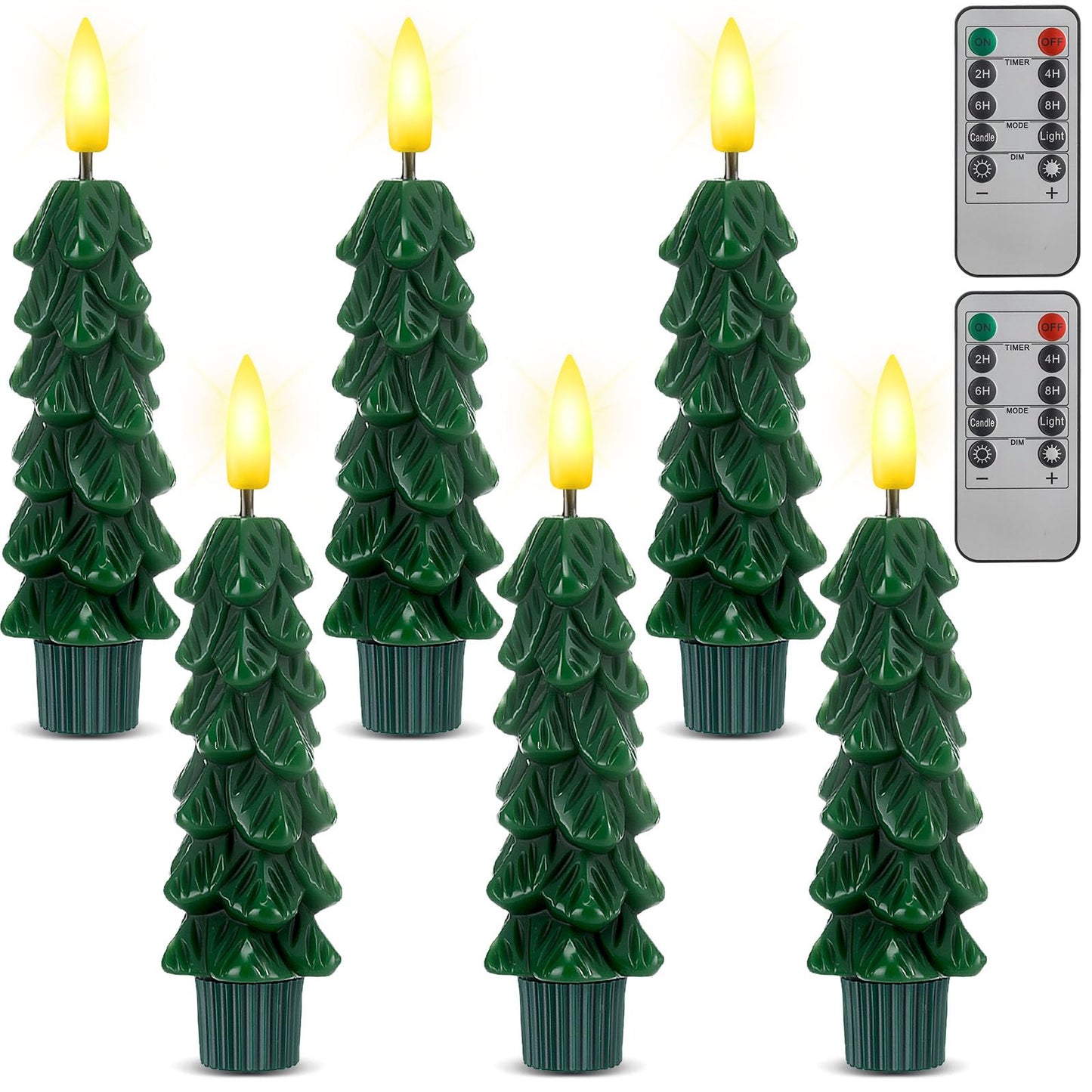 Funtery 6 Pcs Short LED Christmas Tree Flameless Taper Candles - 5 Inches Cute Small Real Wax Battery Operated Green Candlestick Lights with 3D Flame and Remote Timer for Window Fireplace