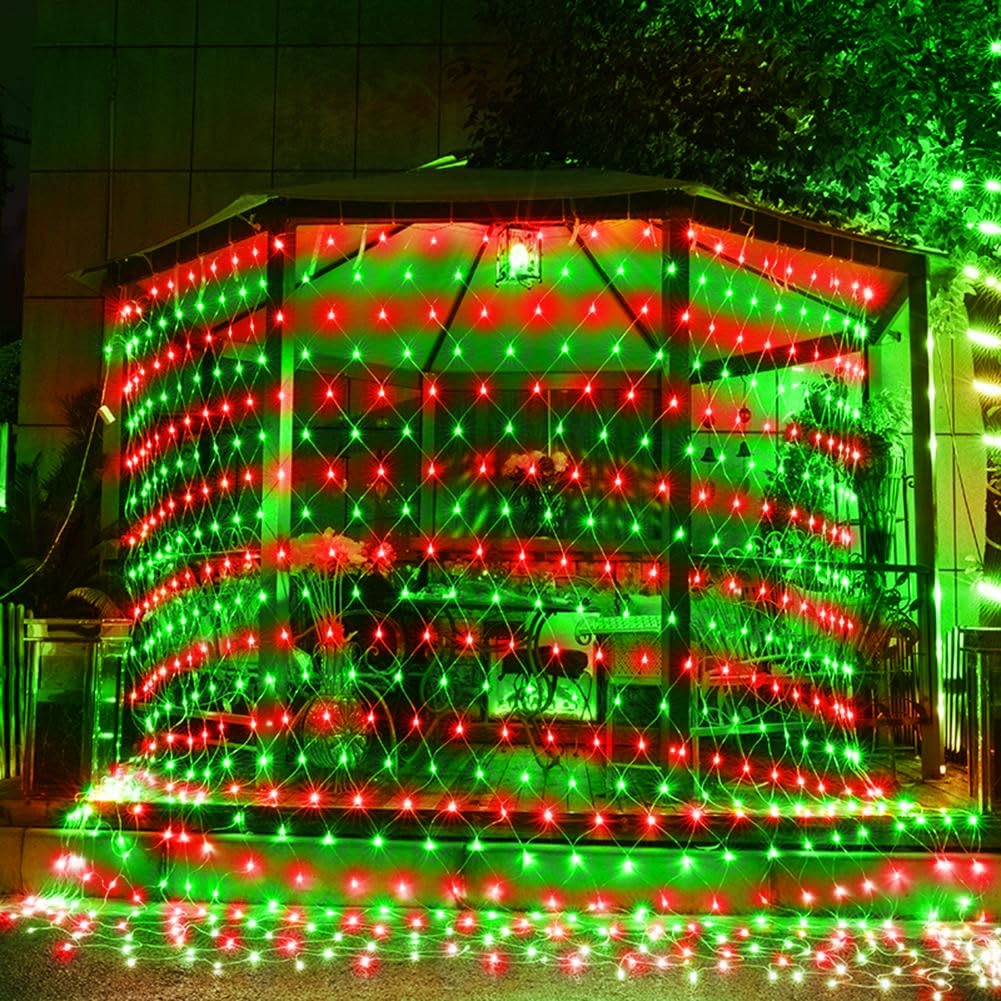 198 LED Christmas Net Lights Plug in, 9.8 FT x 6.6 FT Red Green Waterproof Net Lights Outdoor, 8 Twinkle Modes Mesh Fairy Light for Xmas Tree Bush Garden Ceiling Holiday Decoration