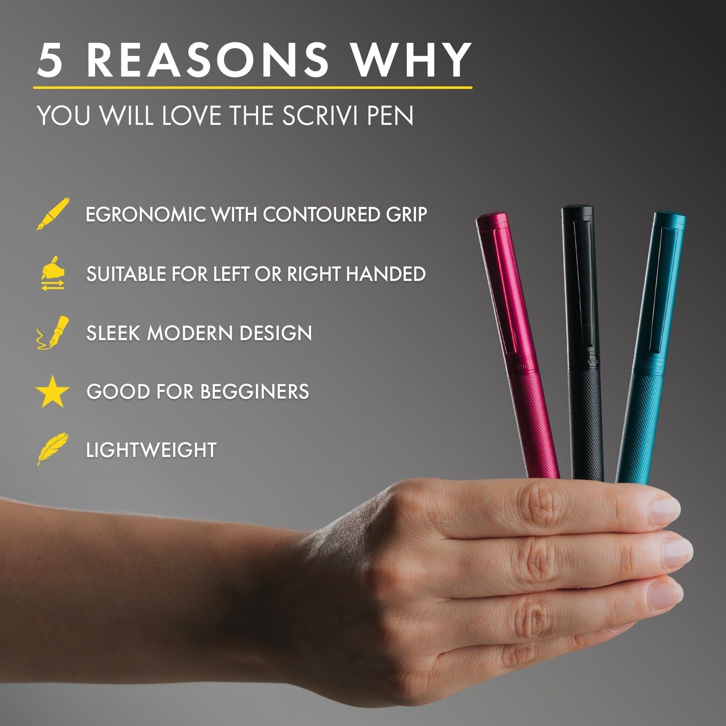 Scrivi Pens Luxury Fountain Pen Set-[Black] Fountain Pens for Writing - Smooth Extra Fine Nib - Includes Refillable Ink Converter, 5 Ink Cartridges [Black & Blue], Gift Box - Elegant Calligraphy