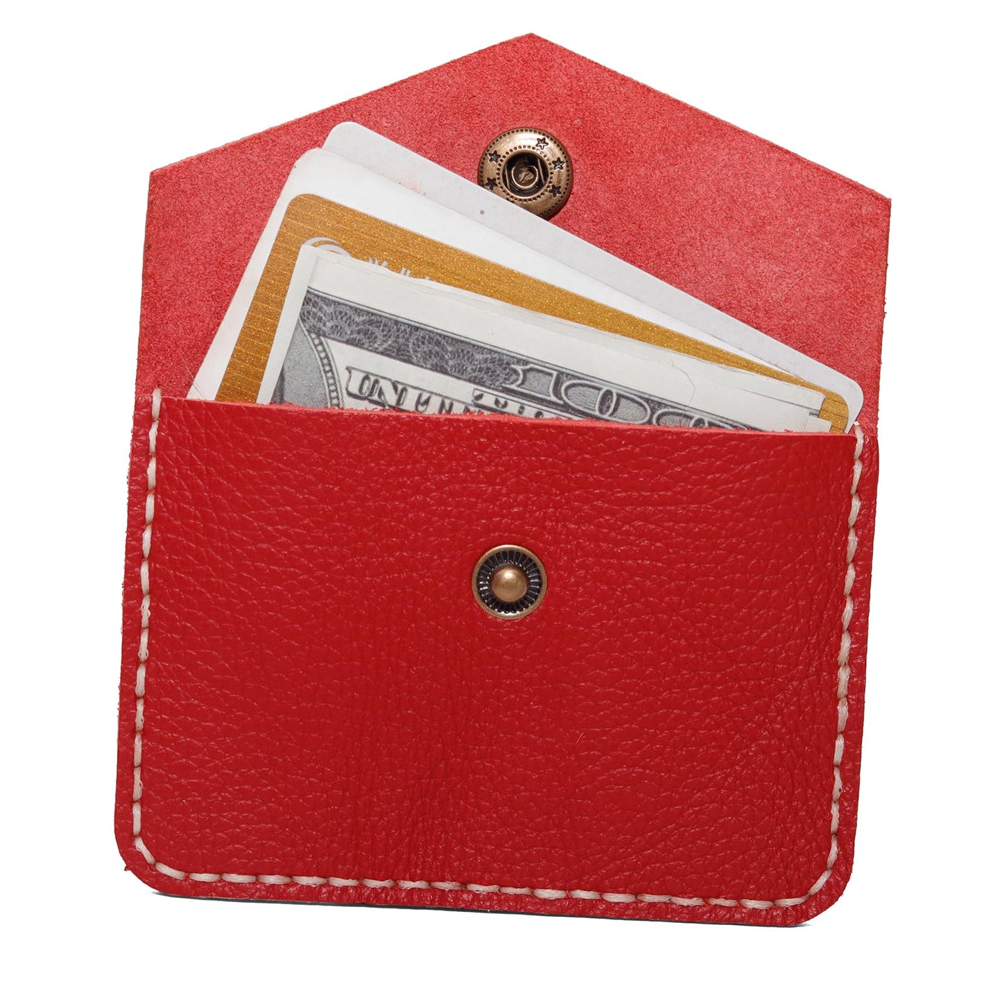 Guild Accessories Handstitched Red Leather Card case Wallet - Artisan Crafted Envelope Card Holder with Antique Brass Snap, Full-Grain Leather Slim Pocket Organizer (Red)