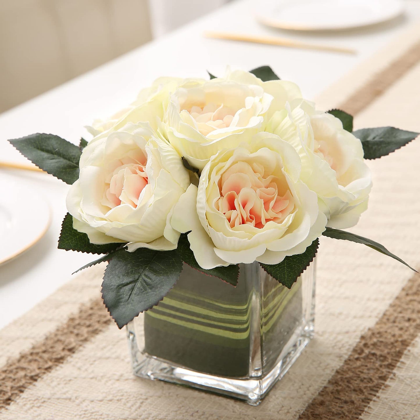 GreenHouzz Artificial Peony Silk Flower Centerpieces Faux Floral Arrangement in Glass Vase for Home Wedding Table Decoration (Champagne)