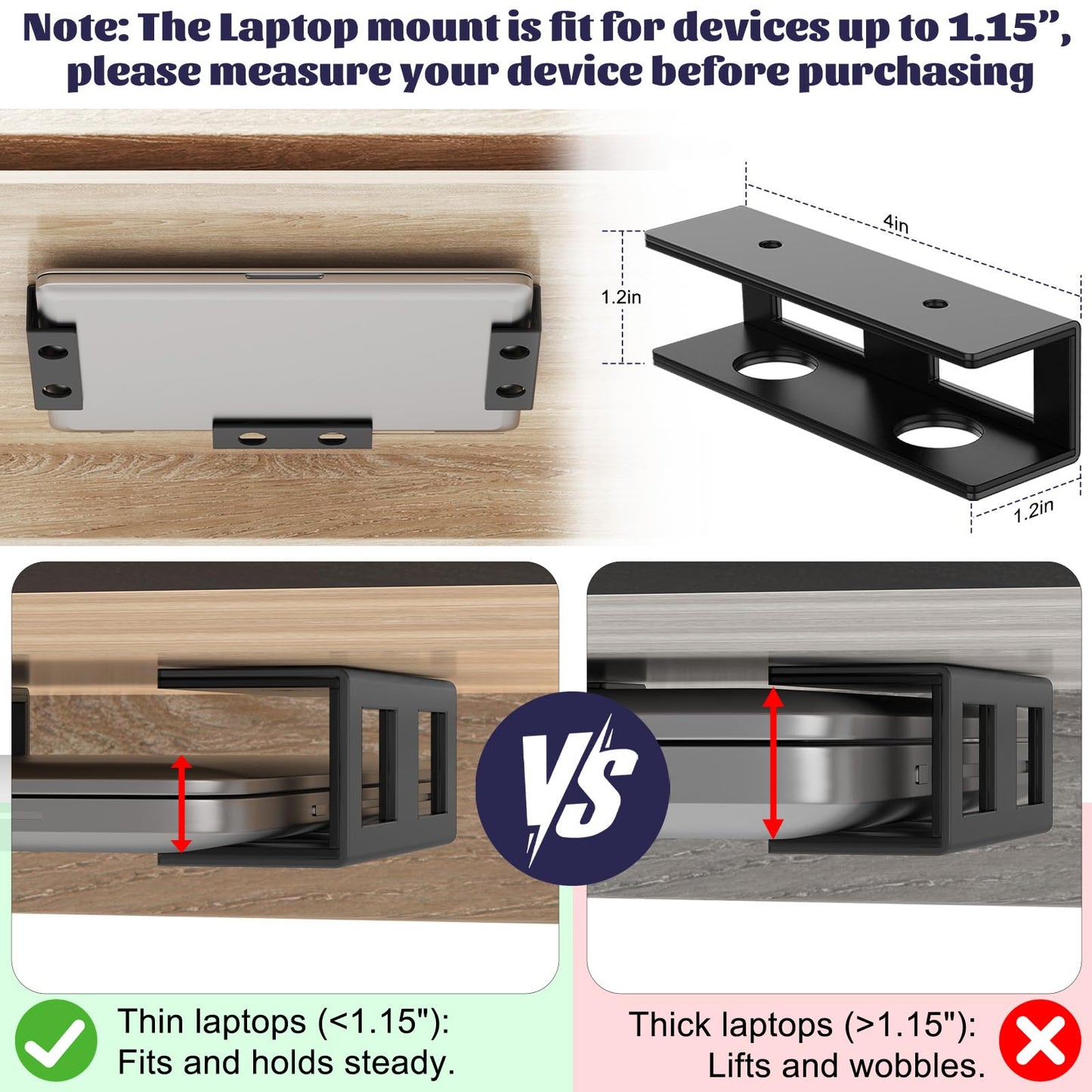 FOROIRON 3 PCS Under Desk Laptop Mount with Anti-Scratch Felt Board Under Desk Laptop Holder Tray Durable Under Desk Shelf for Laptop Thick up to 1.15”
