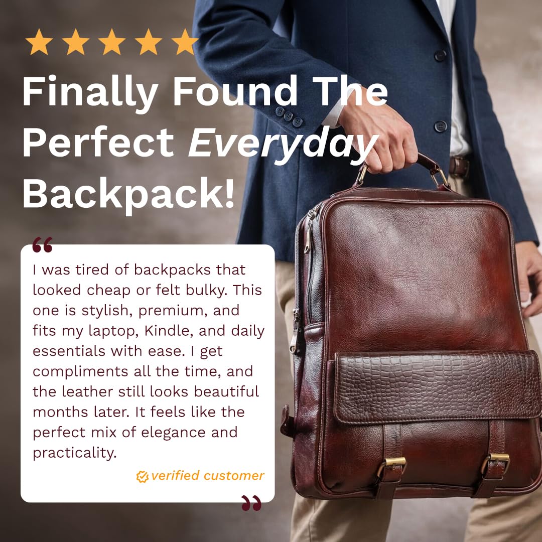 bonahide - 15.6" Luxury Burgundy Leather Laptop Backpack for Men & Women. Leather Bag for Professional Use in Office & Business