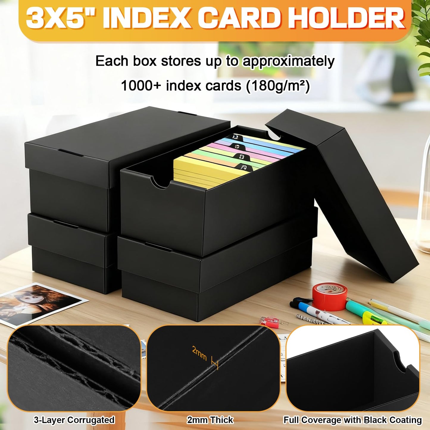 4Pack 3x5 Index Card Holder, Index Card Box Hold 4000 Cards, Flash Card Holder Index Cards Case 3x5 Note Card Organizer File Box Black Index Card Storage Box for 3''x5'' Notecard Flashcard Recipe Card