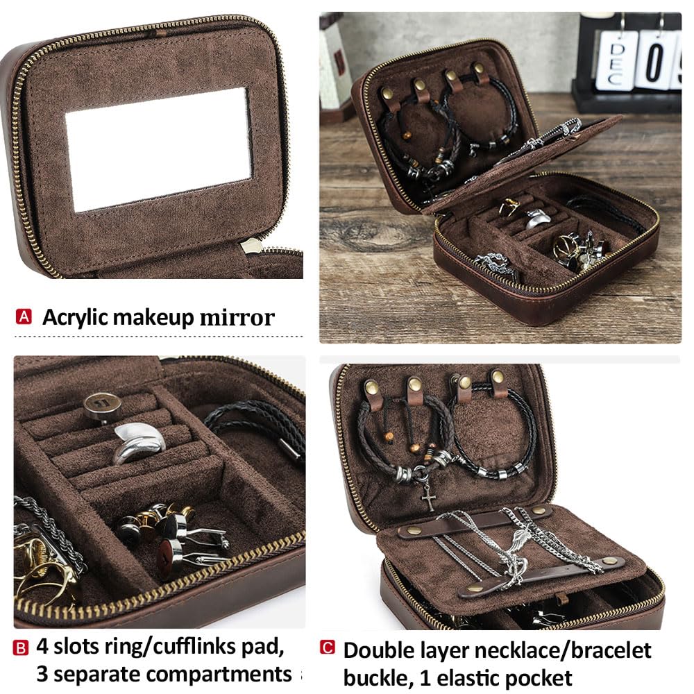 CONTACTS Full Grain Leather Jewelry Box for Men Travel Jewelry Organizer by Handmade Zipper Jewelry Cufflinks Ring Necklace Bracelet Storage Case with Mirror, Rectangular+mirror, Coffee