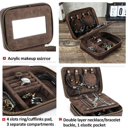 CONTACTS Full Grain Leather Jewelry Box for Men Travel Jewelry Organizer by Handmade Zipper Jewelry Cufflinks Ring Necklace Bracelet Storage Case with Mirror, Rectangular+mirror, Coffee