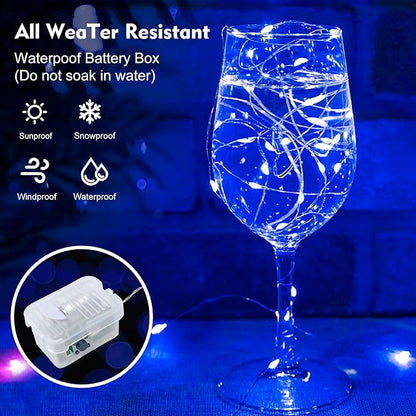 pozzolanas 24 Pack Blue Fairy Lights Battery Operated 3 Modes 7FT 20 LED Waterproof String Lights Twinkle Silver Wire for Mason Jars Wedding Christmas Halloween Party Decor (24, Blue)