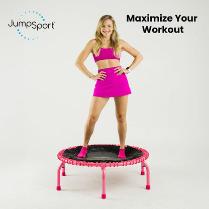 JumpSport 350 PRO Fitness Trampoline, Cardio Workout, No-Tip Arched Legs Home Gym Equipment with Adjustable Bungees & 60 Day Trial Video, 39", Pink
