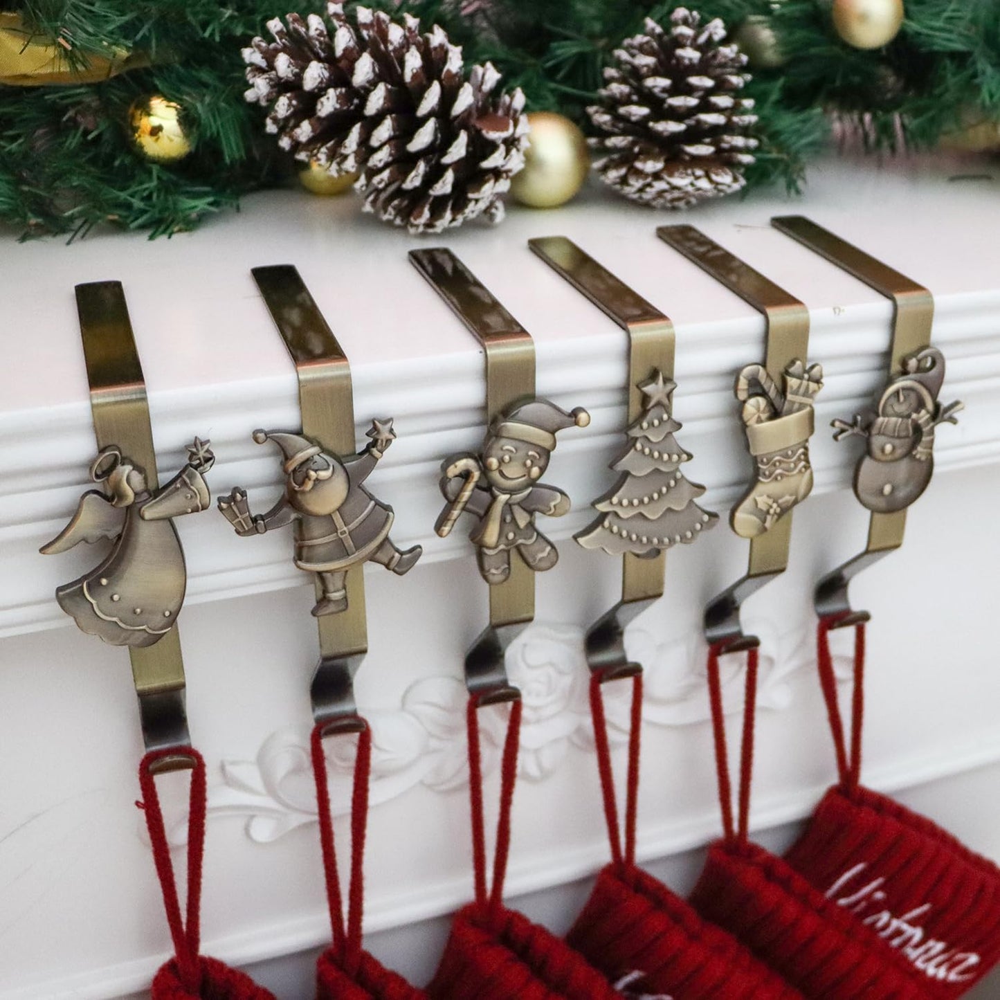 Christmas Stocking Holder for Mantle Set of 6, Reusable Christmas Stocking Hooks, No-Damage Xmas Hanger for Fireplace mantle Grip Stand Christmas Decoration Ornaments Hanging Bronze Shelf Floor