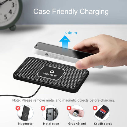 Wireless Car Charger Pad, REESTECQI 15W Wireless Charging Pad for Car Non Slip Phone Car Wireless Charger [40W Car Charger Included] for iPhone 16 15 14 13 12 11, AirPods 3/Pro 2, Samsung S24/S23/S22