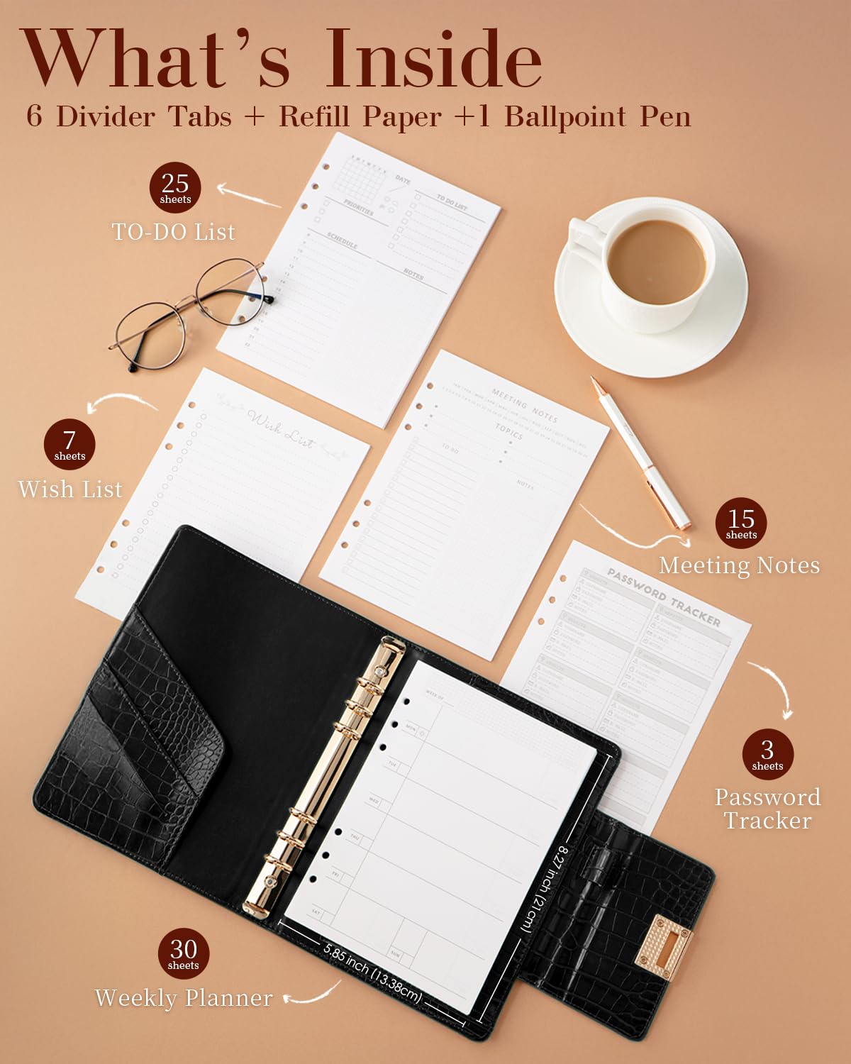 EGOSUNNY Croc-Embossed A5 PU Leather Planner 5.8" x 8.3", Refillable 6-Ring Binder with 80 Sheets, Dividers & Elegant Metal Ballpoint Pen – Professional Organizer for Work & Everyday Use