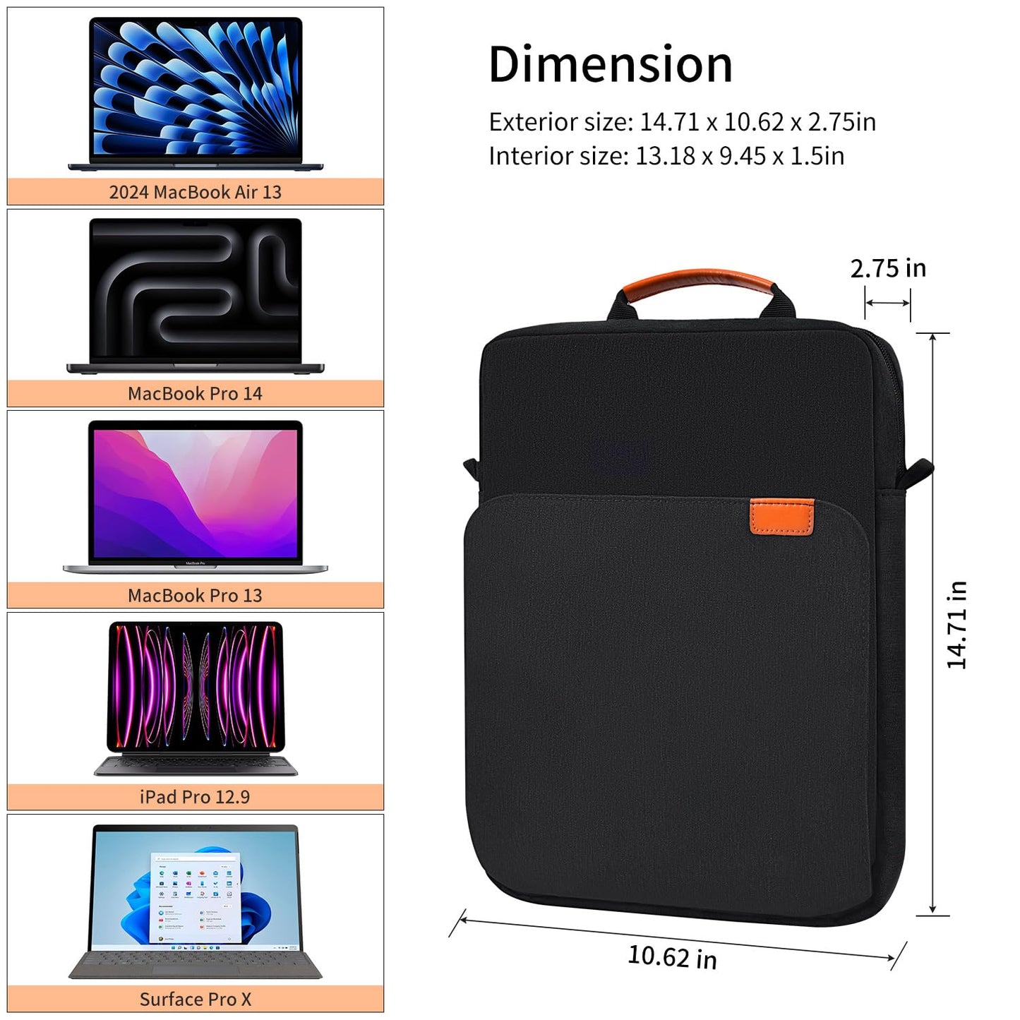 13 Inch Laptop Shoulder Bag Carrying Case for Macbook Air 13" M5 M4 A3449 A3420/ 2026 MacBook Neo A18 Pro A3404/ MacBook Pro 14" M5 M4 M3/ 13" iPad Pro/Air M5 M4, Vertical Laptop Sleeve Handbag, Black