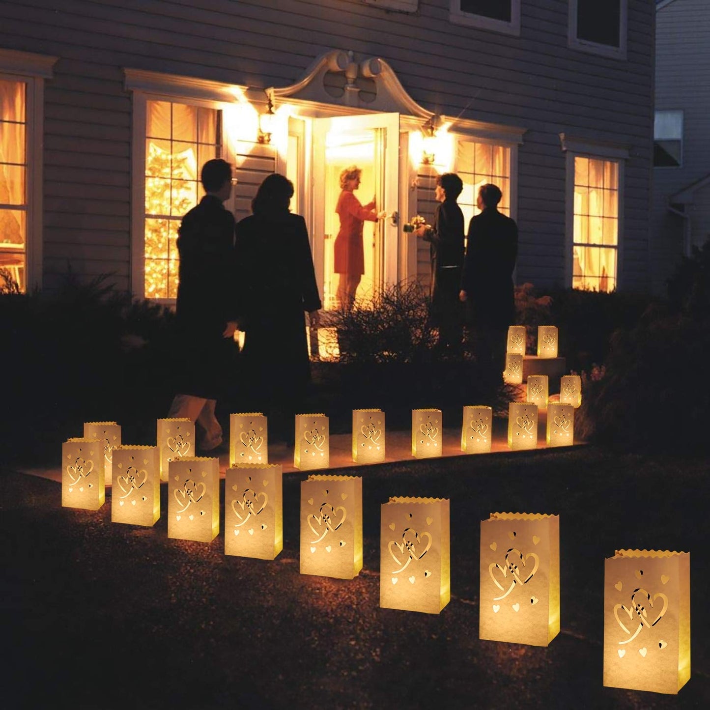 Homemory Valentine's Day 50 PCS White Luminary Bags with Hearts, Upgraded Moisture-Proof Candle Bags, Tea Light Luminaries for Wedding, Halloween, Thanksgiving, Christmas, Party