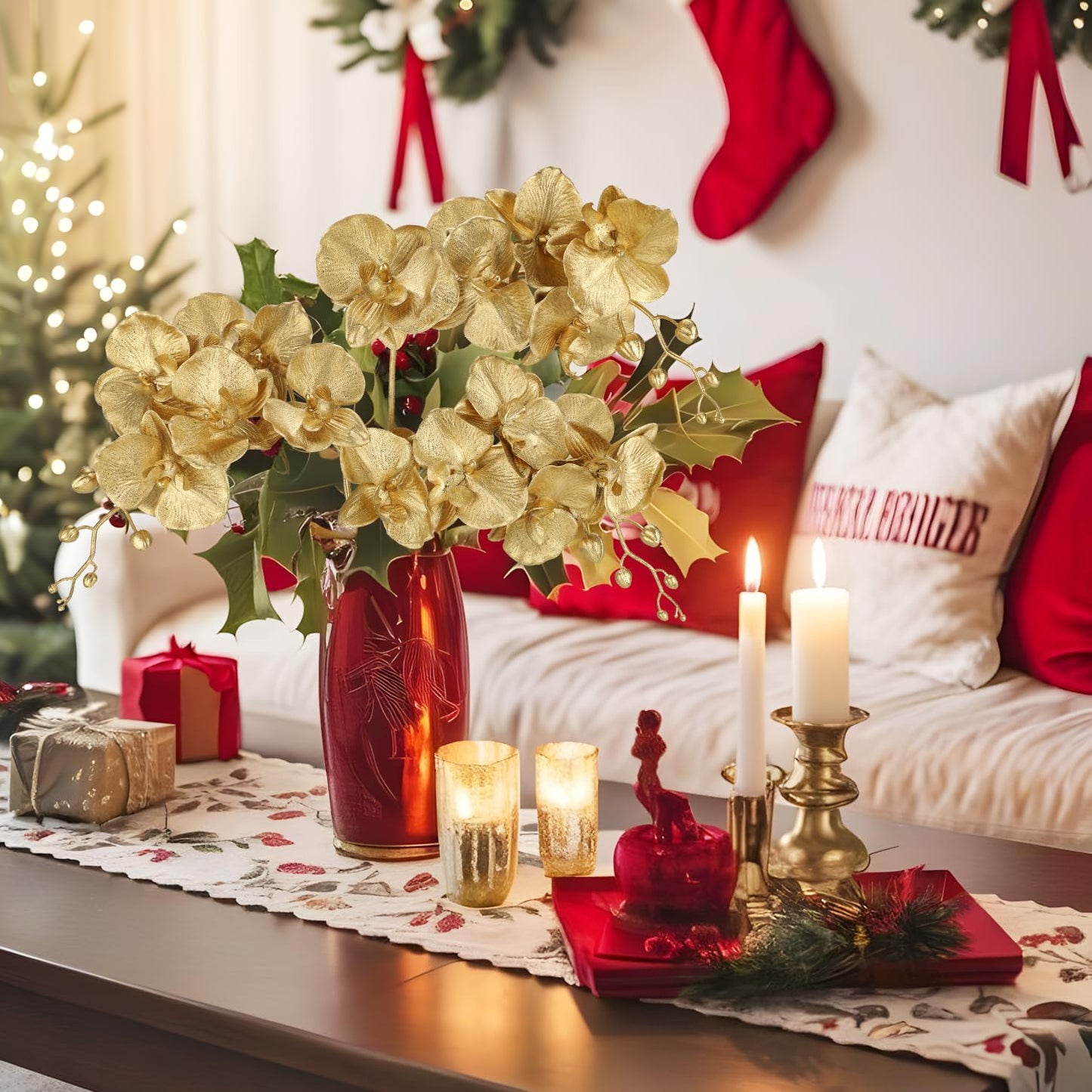 Gold Glitter Artificial Orchid Stems 3 Pcs, 31.5" Christmas Fake Phalaenopsis Orchid Flowers, Sparkling Faux Orchid Branches for Xmas Tree Decorations, Table Centerpieces, Floral Arrangements