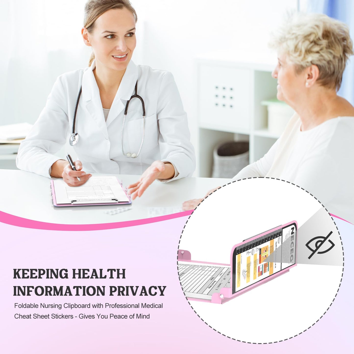 Nursing Clipboard Foldable-4 Layers Aluminum Nurse Foldable Clipboard Nursing Medical Edition Cheat Sheets, Pocket Size Pen Clip for Nurses Students School and Doctors-Pink