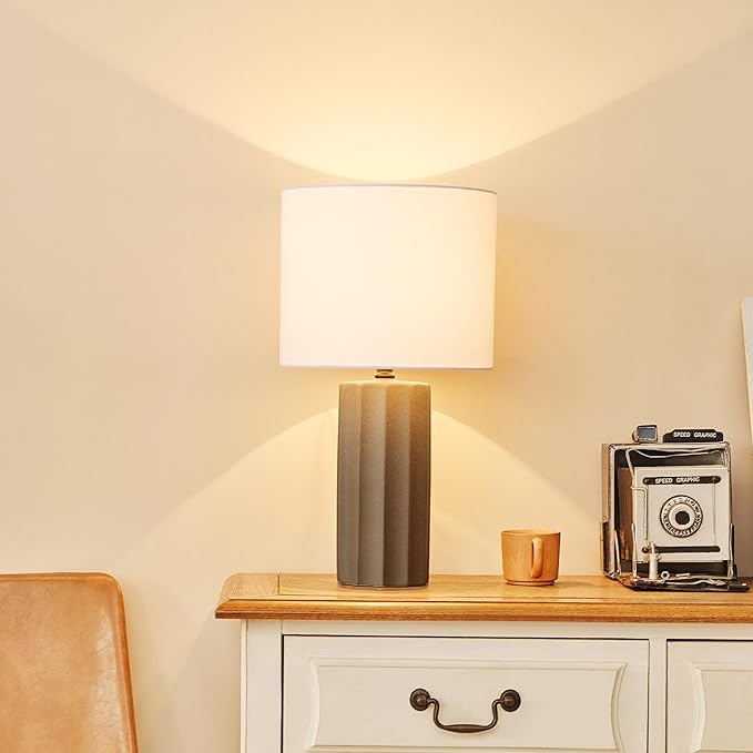GLOBE Electric 61000061 20" Ribbed Ceramic Table Lamp, Dark Gray Concrete Finish, White Linen Shade, On/Off Rotary Switch on Socket, for Living Room, Bedroom, Office, Home Décor