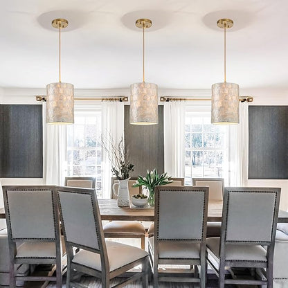1-Lights Capiz Shell Chandelier, Coastal Design, Modern Pendant Light Fixture for Dining Room, Living Room, Kitchen Island, D7 x H18~66"(Adjustable Height), Shell Lampshade & Gold Finish Frame