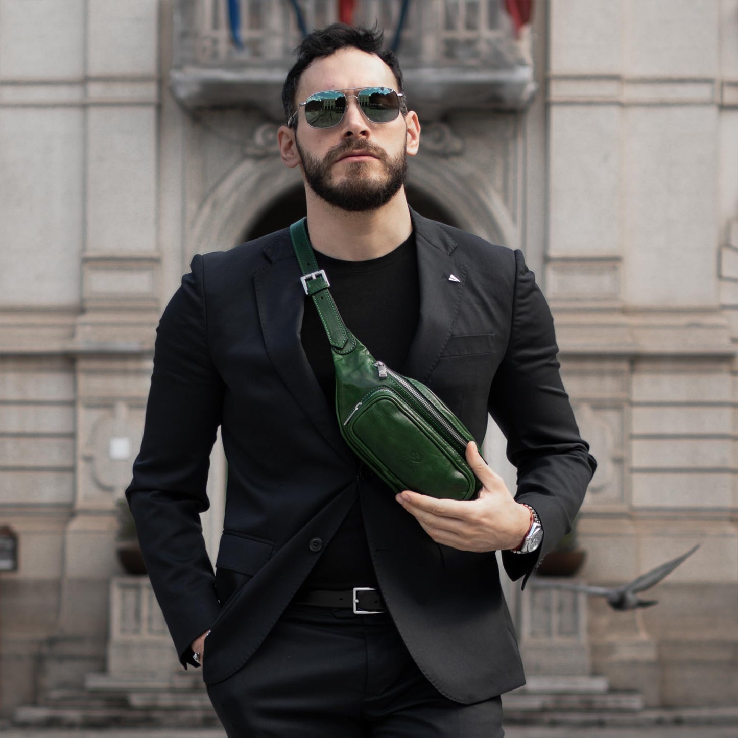 Time Resistance Leather Waist Pack - Belly Bag, Belt Bag, Fanny Pack - Handmade in Italy (Green)