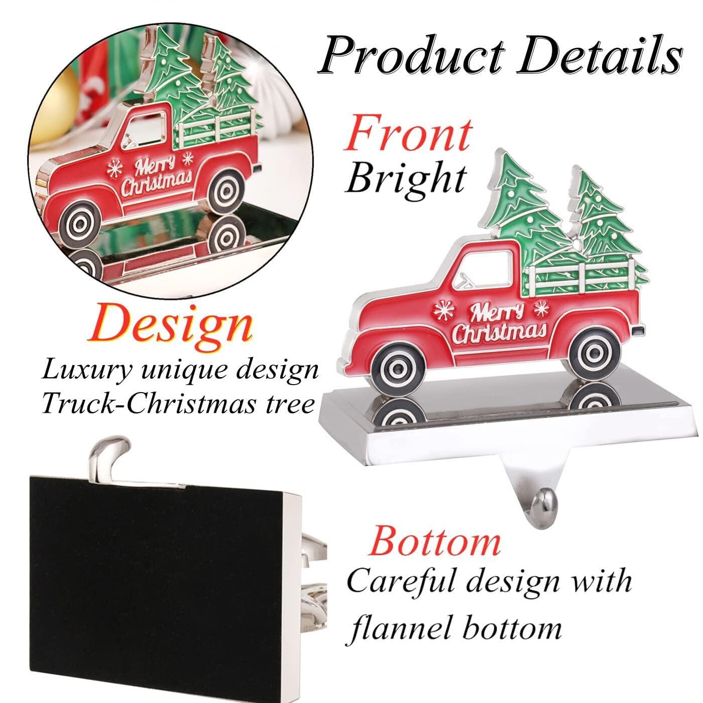 Yuokwer Set of 2 Christmas Stocking Holder for Mantel Christmas Decoration,Metal Red Truck with Christmas Tree Stocking Hangers for Fireplace Xmas Decoration Supplies (Truck)