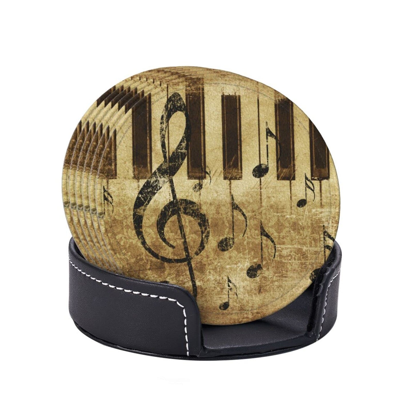 Famame 6 Pcs Leather Coasters for Drinks with Holder Grunge Retro Piano Music Notes Coaster Sets Drink Table Cup Coasters for Living Room Kitchen Coffee Decor
