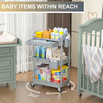 Goovilla 3 Tier Rolling Utility Cart Organizer with Removable Drawer, Stable and Sturdy Black Rolling Storage Carts with 2 Lockable Wheels for Bathroom, Kitchen, Snack, Craft, Makeup, Baby Essentials