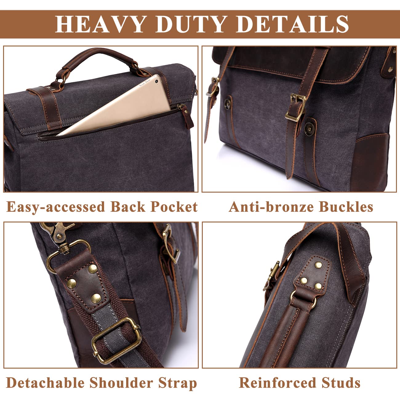 VASCHY Vintage Canvas Leather Messenger Bag School Shoulder Bag Business Briefcase Satchel Gray