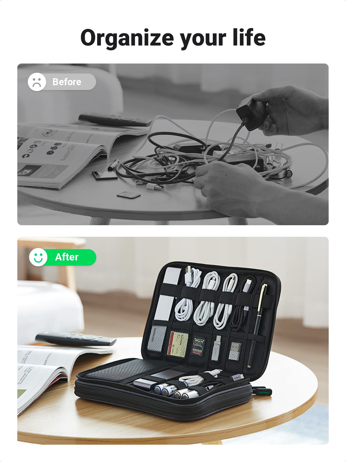 UGREEN Electronic Organizer Travel Cable Organizer Storage Bag for Data Cables, USB C Charger, SD Card, Hard Drive, Charging Cord, Mouse, Power Bank, Phone, Power Adapter Plug Electronics Accessories
