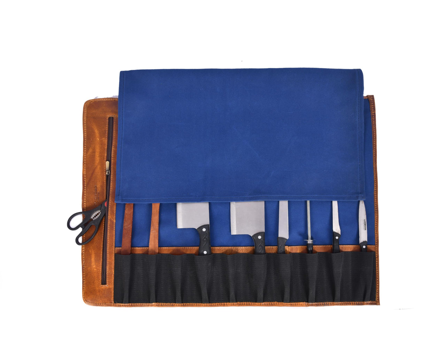 Professional Chef Knife Roll Bag, 8-Piece Kitchen Utensil Set with Leather Case, Navy Blue and Brown (Canvas, Royal)