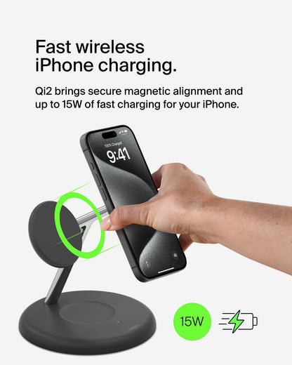 Belkin MagSafe-Compatible Charger, 3-in-1 Wireless Charging Station, Qi2-Certified 15W Wireless Charge for Apple iPhone 17 Series, Apple Watch, AirPods w/Non-Slip Base, 40W Included - Black